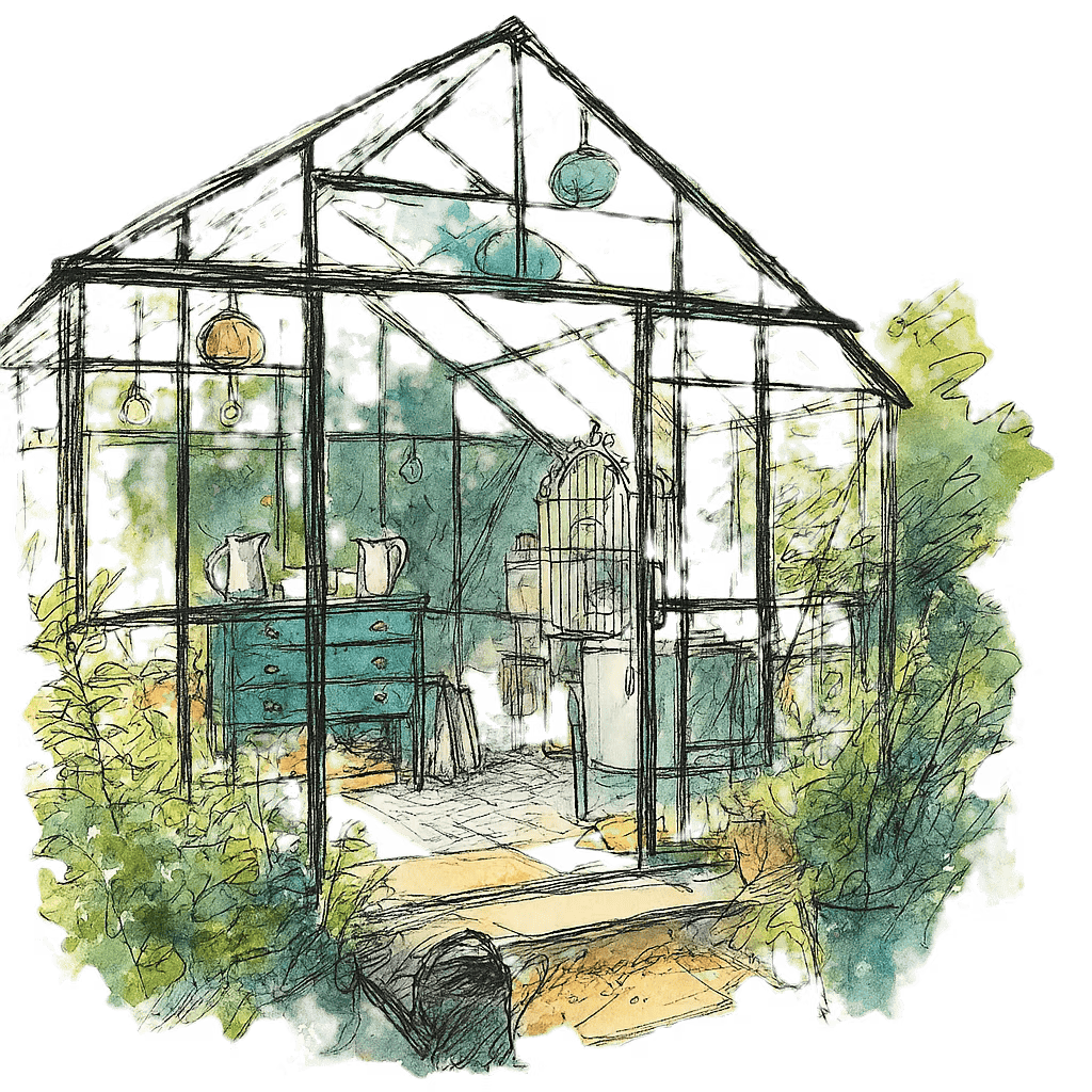 Illustration of a greenhouse containing a kiln and various works